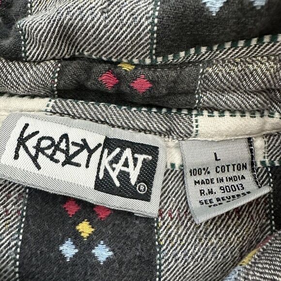 Krazy Kat Womens Vintage 90s Flannel Plaid Shirt Size L Gray White Button Front - Picture 6 of 11